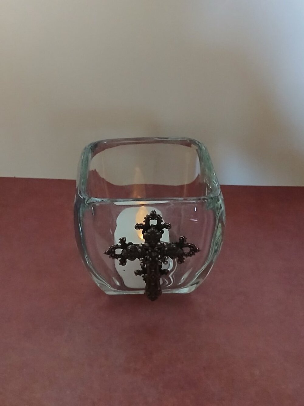 Glass Candle Holder/Decorative Bowl with Metal Cross Embellishment